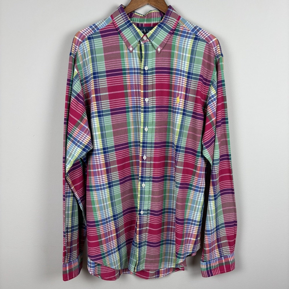 Ralph Lauren Shirt Mens XL Pink Multicolor Plaid Classic Fit Button Down Pony